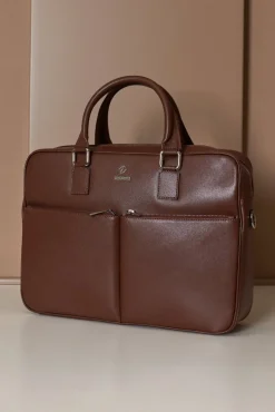 D'Arienzo Justin - Borsa Ventiquattrore in pelle di vitello marrone saffiano con doppia tasca