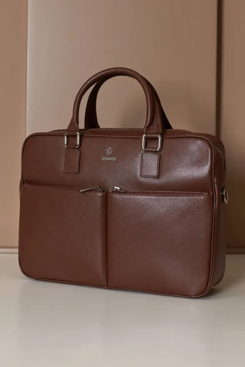 D'Arienzo Justin - Borsa Ventiquattrore in pelle di vitello marrone saffiano con doppia tasca