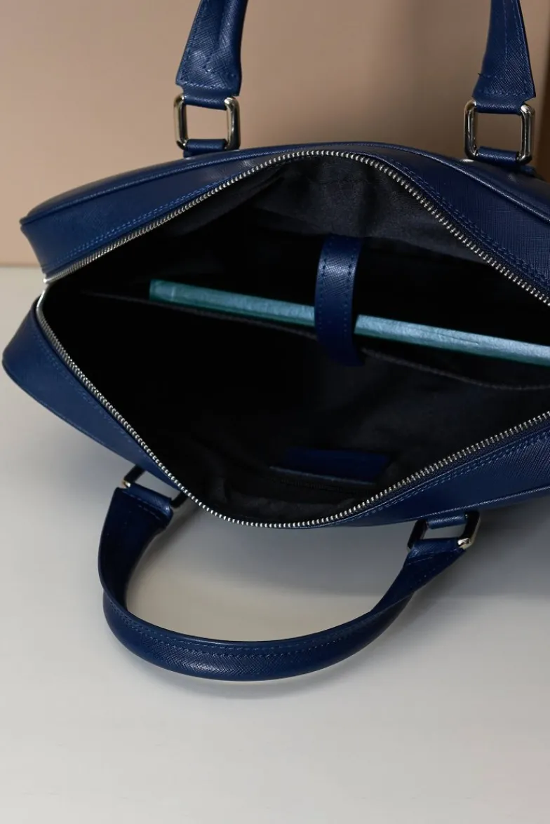 D'Arienzo Justin - Borsa Ventiquattrore in pelle di vitello blu scuro saffiano doppia tasca