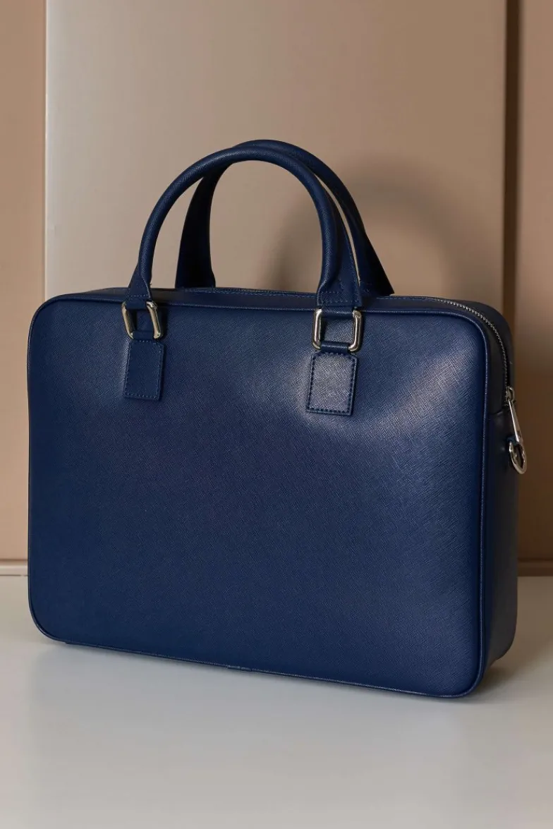 D'Arienzo Justin - Borsa Ventiquattrore in pelle di vitello blu scuro saffiano doppia tasca