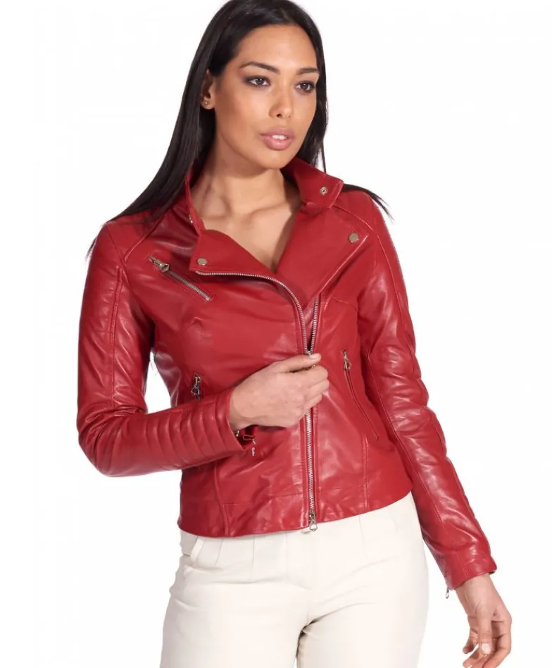 Donna D'Arienzo Karim Trap - Giacca moto in pelle rossa trapuntata stile chiodo
