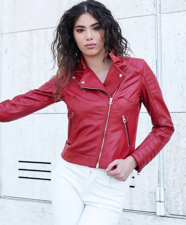 Donna D'Arienzo Karim Trap - Giacca moto in pelle rossa trapuntata stile chiodo