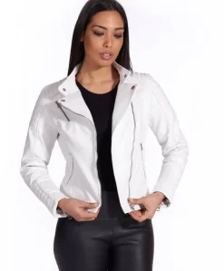 Donna D'Arienzo Karim Trap - Giacca moto in pelle bianca trapuntata stile chiodo