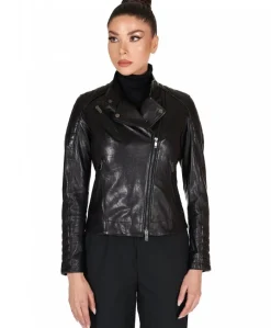 Donna D'Arienzo Karim Trap - Giacca moto in pelle vegetale nera trapuntata effetto vintage