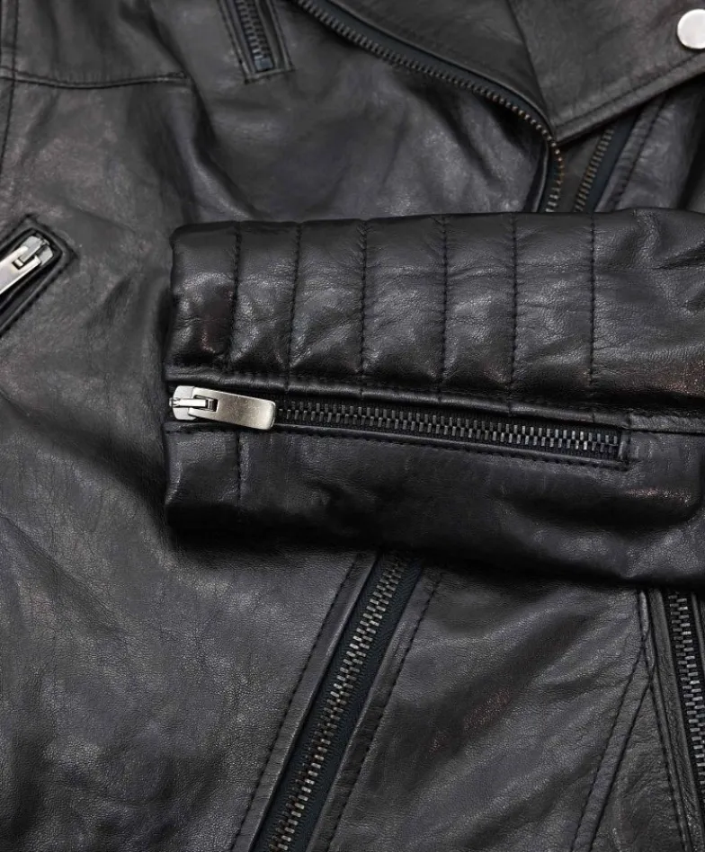 Donna D'Arienzo Karim Trap - Giacca moto in pelle vegetale nera trapuntata effetto vintage