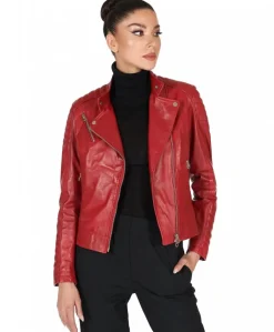 Donna D'Arienzo Karim Trap - Giacca moto in pelle vegetale rossa trapuntata effetto vintage