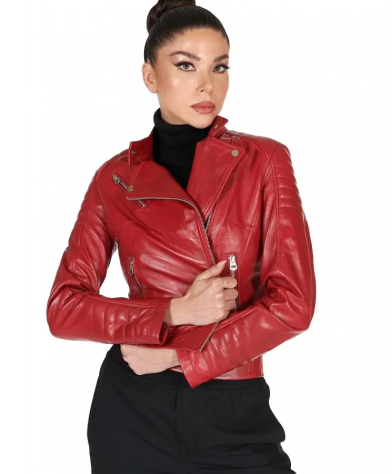 Donna D'Arienzo Karim Trap - Giacca moto in pelle vegetale rossa trapuntata effetto vintage