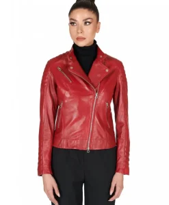 Donna D'Arienzo Karim Trap - Giacca moto in pelle vegetale rossa trapuntata effetto vintage