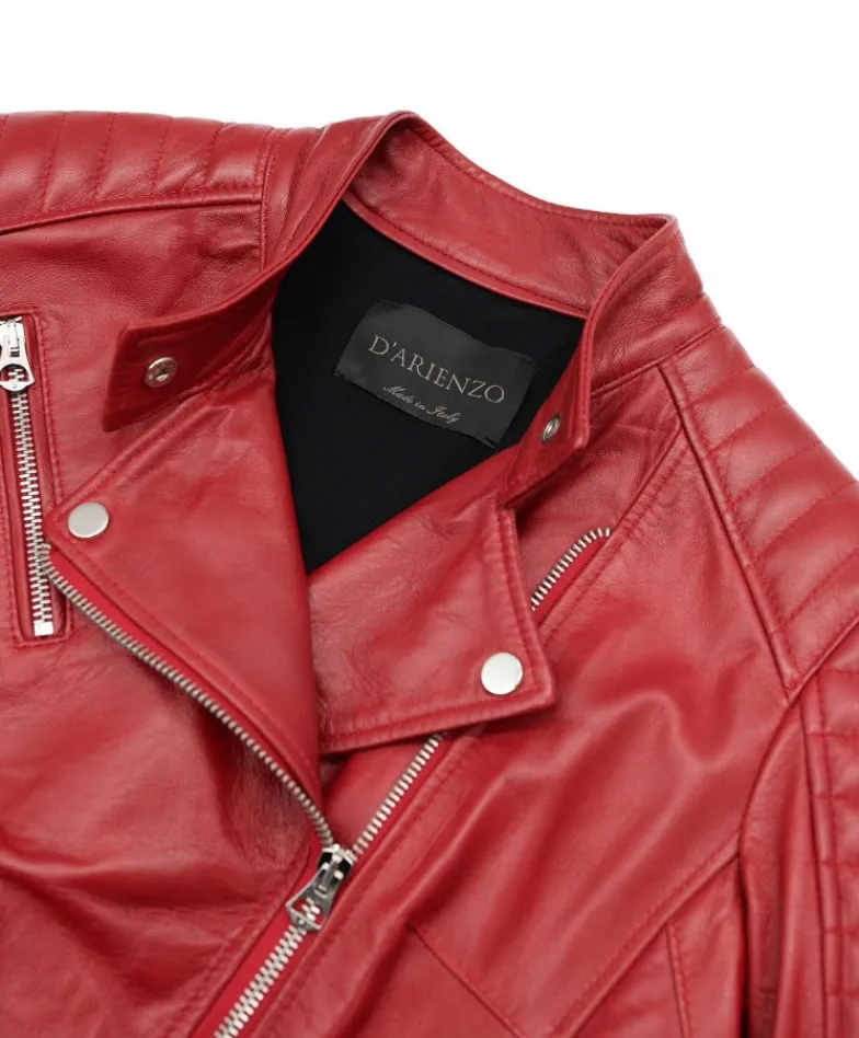 Donna D'Arienzo Karim Trap - Giacca moto in pelle vegetale rossa trapuntata effetto vintage