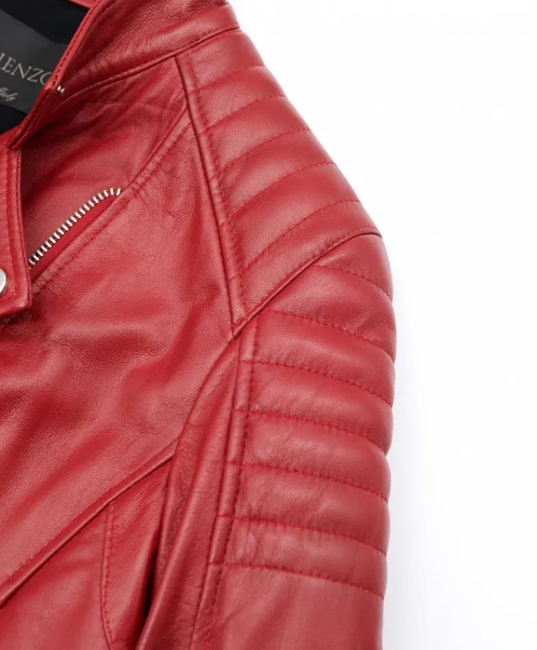 Donna D'Arienzo Karim Trap - Giacca moto in pelle vegetale rossa trapuntata effetto vintage