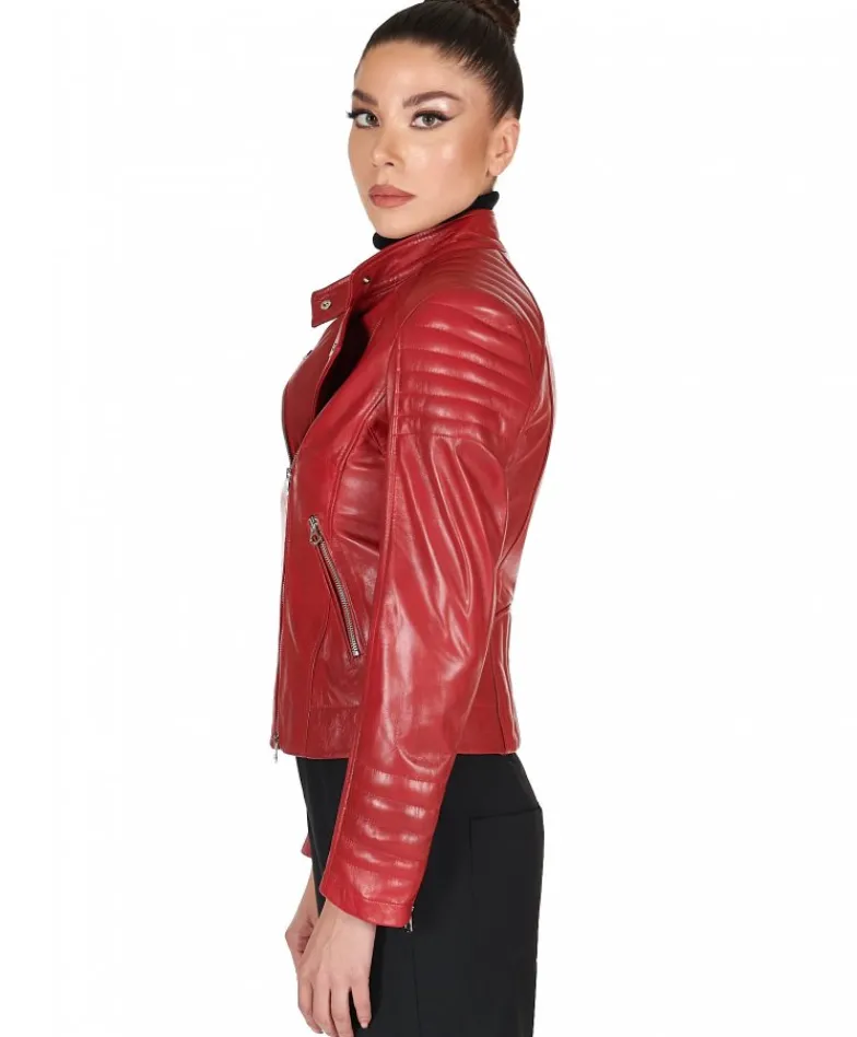 Donna D'Arienzo Karim Trap - Giacca moto in pelle vegetale rossa trapuntata effetto vintage