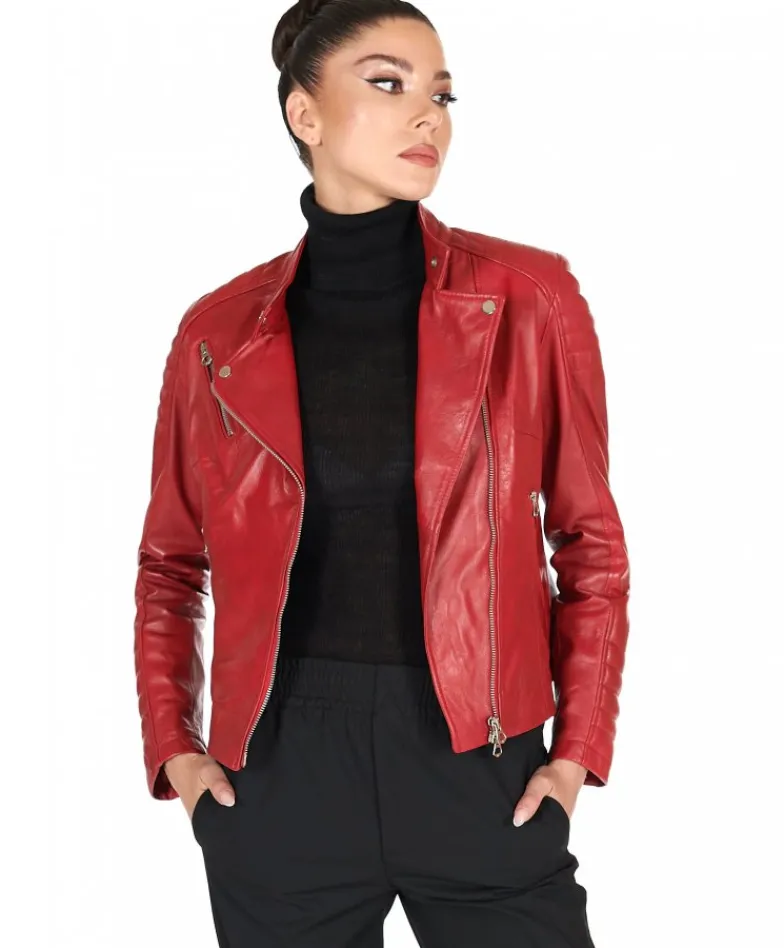Donna D'Arienzo Karim Trap - Giacca moto in pelle vegetale rossa trapuntata effetto vintage