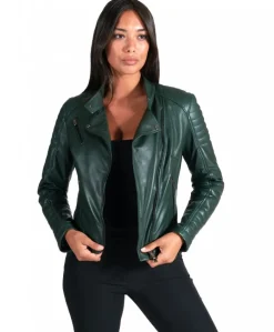 Donna D'Arienzo Karim Trap - Giacca moto in pelle naturale verde trapuntata effetto liscio