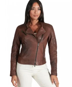 Donna D'Arienzo Karim Trap - Giacca moto in pelle marrone trapuntata effetto vintage