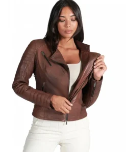 Donna D'Arienzo Karim Trap - Giacca moto in pelle marrone trapuntata effetto vintage