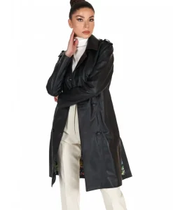 Donna D'Arienzo Kate - Cappotto in pelle nera doppio petto spacchi laterali