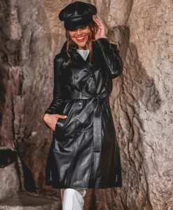 Donna D'Arienzo Kate - Cappotto in pelle nera doppio petto spacchi laterali
