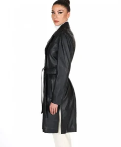 Donna D'Arienzo Kate - Cappotto in pelle nera doppio petto spacchi laterali