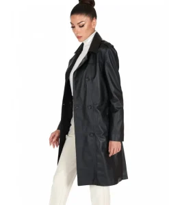 Donna D'Arienzo Kate - Cappotto in pelle nera doppio petto spacchi laterali