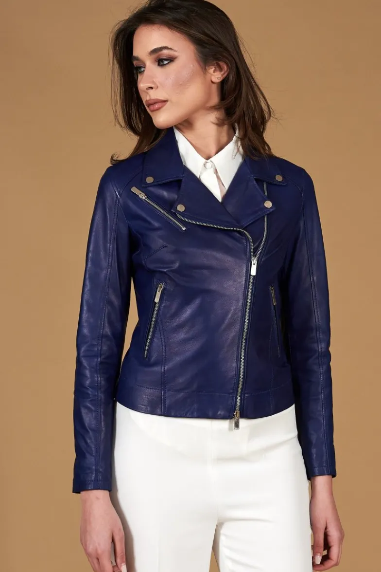 Donna D'Arienzo Kbc - Giacca chiodo in pelle naturale bluette cerniera trasversale