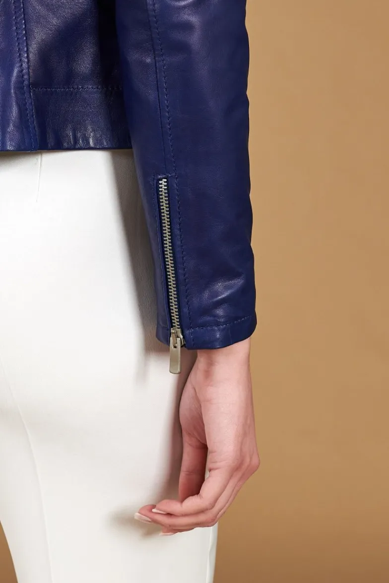 Donna D'Arienzo Kbc - Giacca chiodo in pelle naturale bluette cerniera trasversale