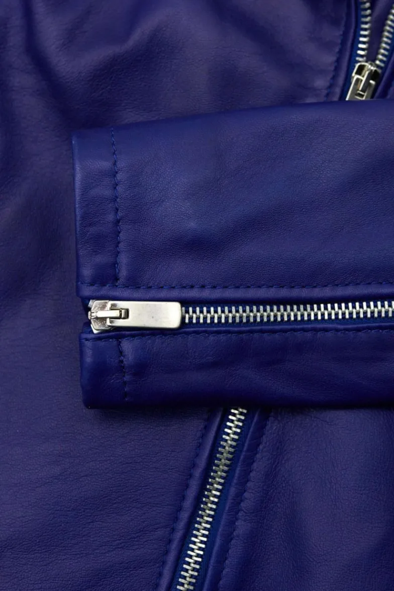 Donna D'Arienzo Kbc - Giacca chiodo in pelle naturale bluette cerniera trasversale