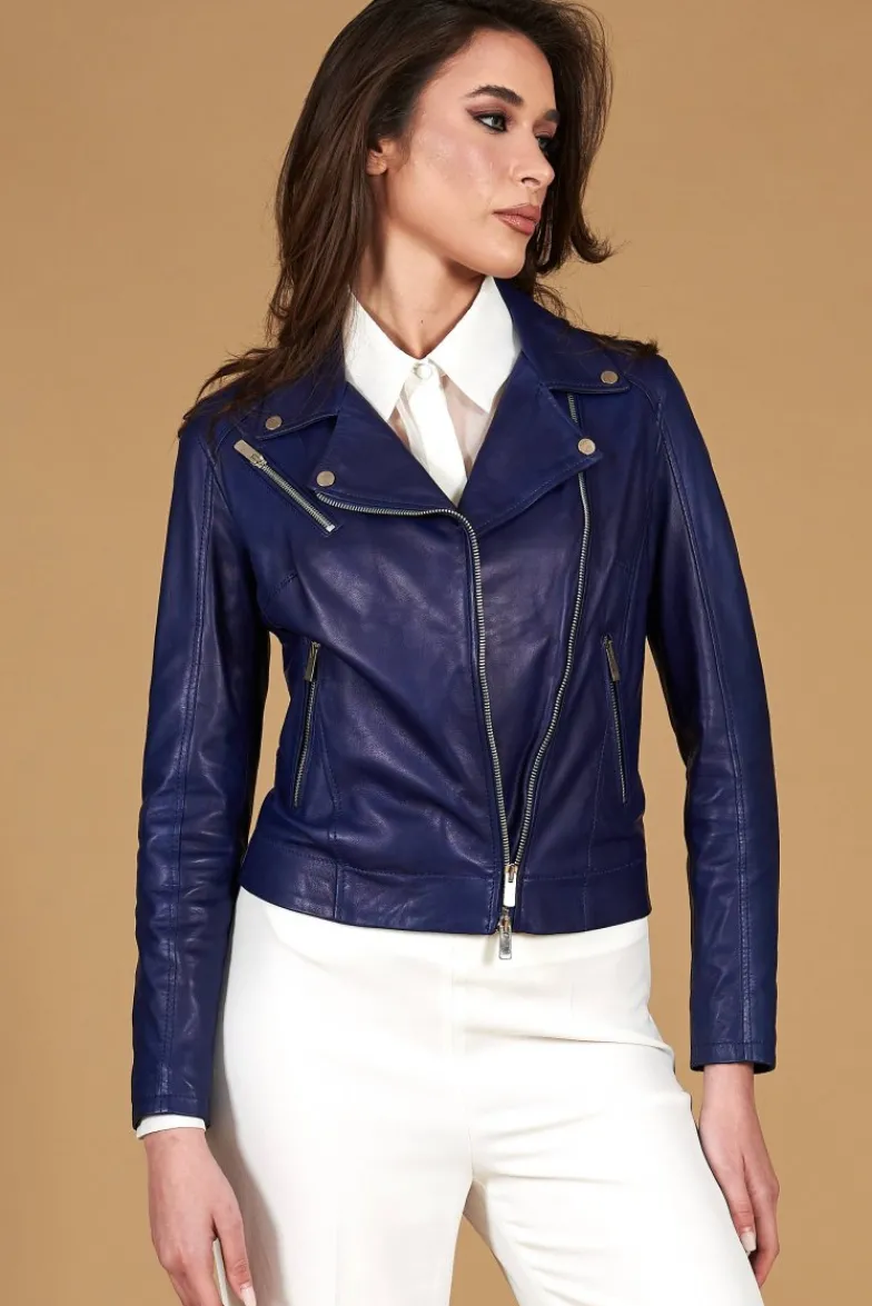 Donna D'Arienzo Kbc - Giacca chiodo in pelle naturale bluette cerniera trasversale