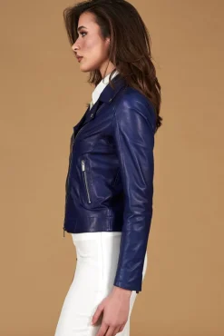 Donna D'Arienzo Kbc - Giacca chiodo in pelle naturale bluette cerniera trasversale