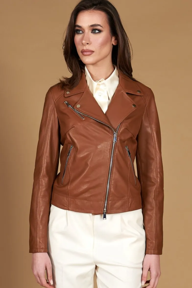 Donna D'Arienzo Kbc - Giacca chiodo in pelle naturale color cuoio cerniera trasversale