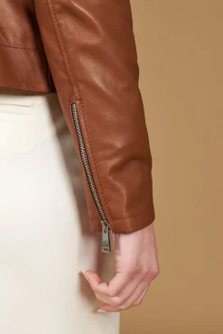 Donna D'Arienzo Kbc - Giacca chiodo in pelle naturale color cuoio cerniera trasversale