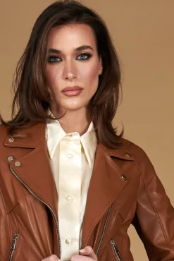 Donna D'Arienzo Kbc - Giacca chiodo in pelle naturale color cuoio cerniera trasversale