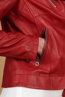 Donna D'Arienzo Kbc - Giacca chiodo in pelle rosso nappa effetto liscio