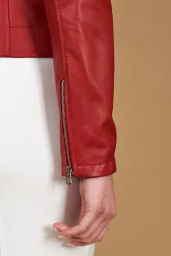 Donna D'Arienzo Kbc - Giacca chiodo in pelle rosso nappa effetto liscio