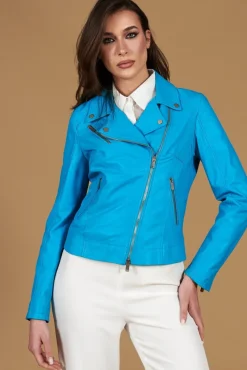 Donna D'Arienzo Kbc - Giacca chiodo in pelle naturale azzurra cerniera trasversale