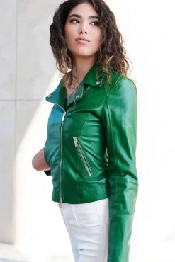 Donna D'Arienzo Kbc - Giacca chiodo in pelle naturale verde cerniera trasversale