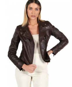 Donna D'Arienzo Kbc - Giacca chiodo in pelle testa di moro effetto vintage