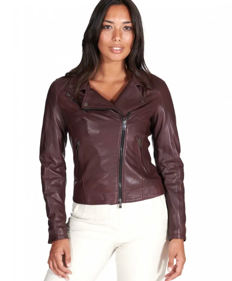 Donna D'Arienzo Kbc - Giacca chiodo in pelle naturale bordeaux effetto liscio
