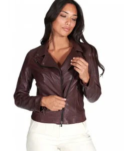 Donna D'Arienzo Kbc - Giacca chiodo in pelle naturale bordeaux effetto liscio