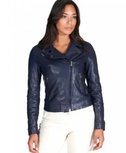 Donna D'Arienzo Kbc - Giacca chiodo in pelle naturale blu effetto liscio