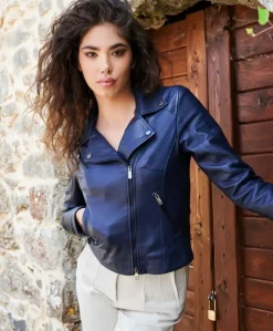 Donna D'Arienzo Kbc - Giacca chiodo in pelle naturale blu effetto liscio