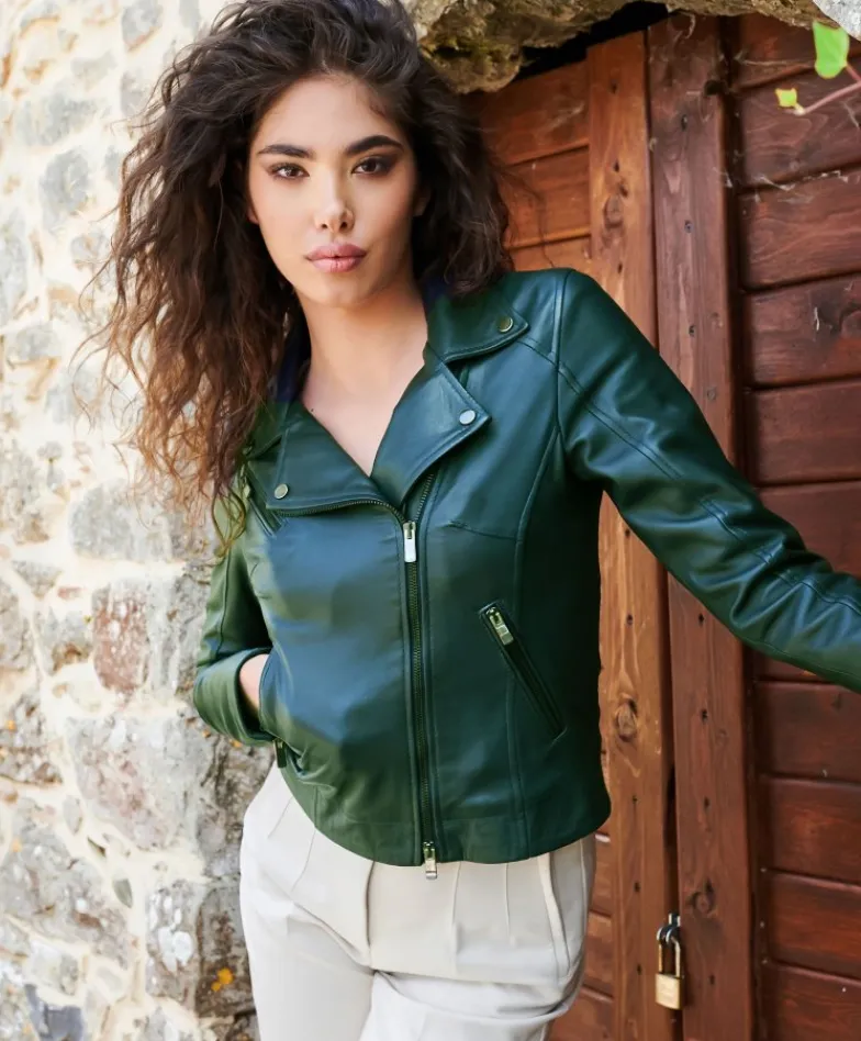 Donna D'Arienzo Kbc - Giacca chiodo in pelle naturale verde effetto liscio