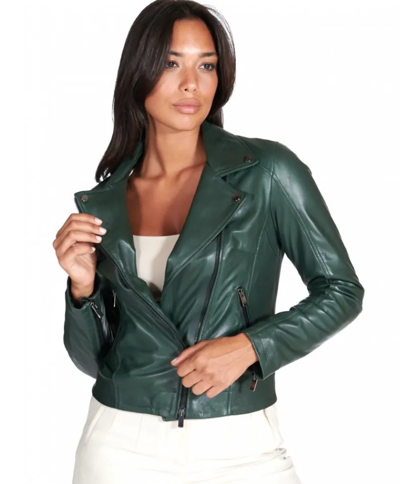 Donna D'Arienzo Kbc - Giacca chiodo in pelle naturale verde effetto liscio