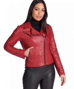 Donna D'Arienzo Kbc - Giacca chiodo in pelle rosso nappa effetto liscio