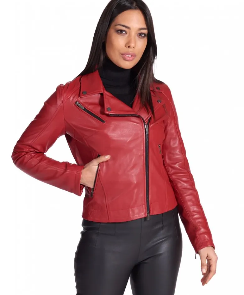 Donna D'Arienzo Kbc - Giacca chiodo in pelle rosso nappa effetto liscio