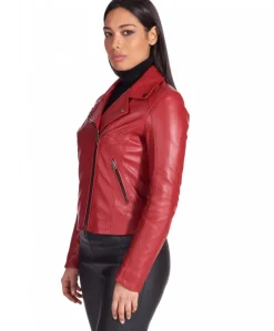 Donna D'Arienzo Kbc - Giacca chiodo in pelle rosso nappa effetto liscio