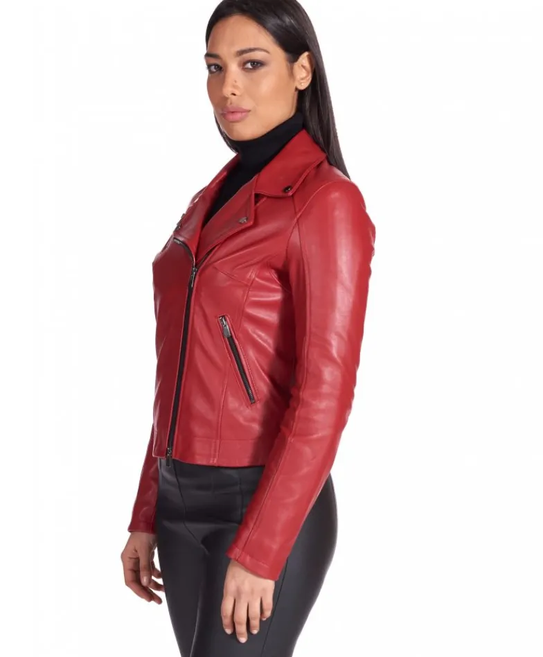 Donna D'Arienzo Kbc - Giacca chiodo in pelle rosso nappa effetto liscio