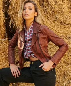 Donna D'Arienzo Kbc - Giacca chiodo in pelle cuoio effetto vintage