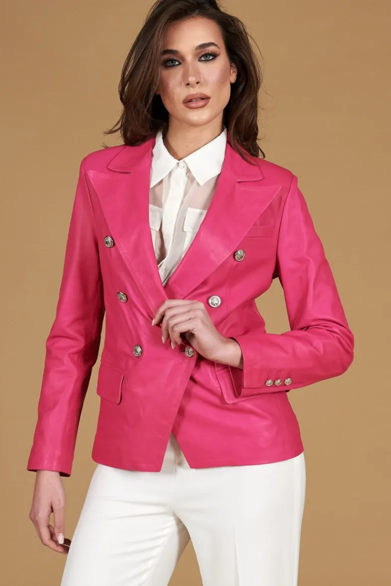 Donna D'Arienzo Kelly - Giacca blazer doppio petto in pelle naturale fuxia