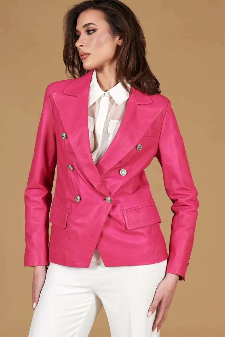 Donna D'Arienzo Kelly - Giacca blazer doppio petto in pelle naturale fuxia