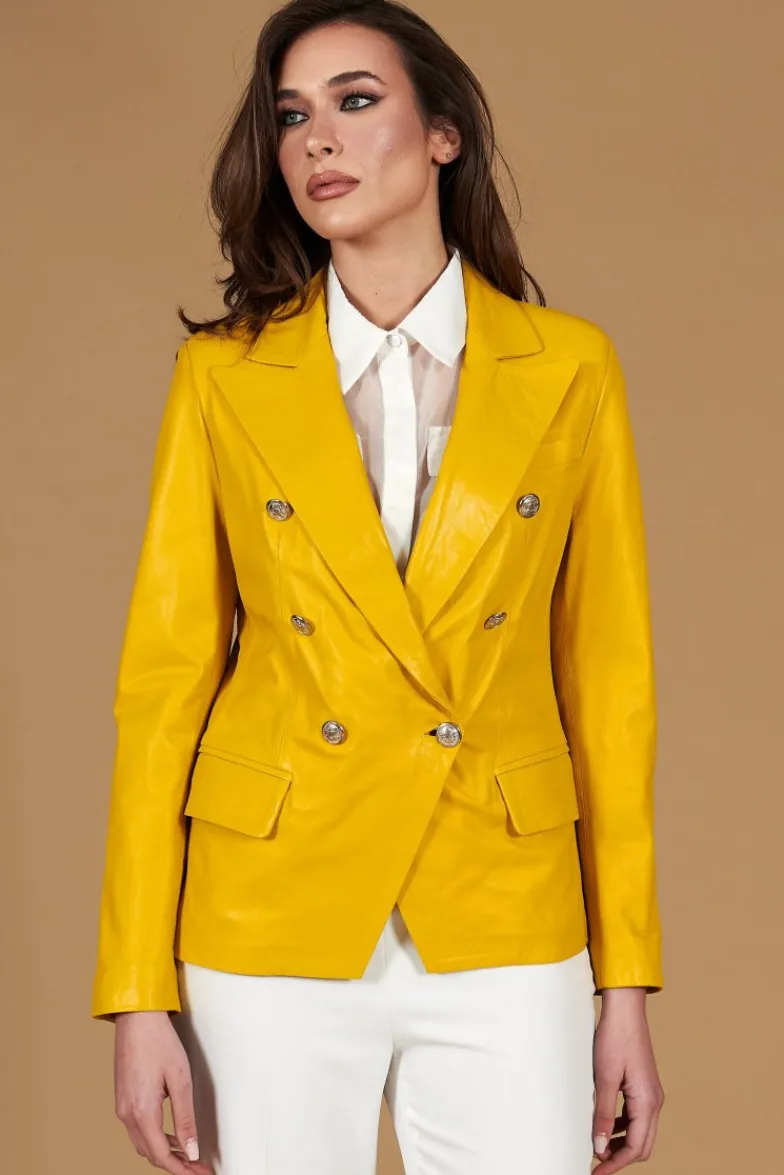 Donna D'Arienzo Kelly - Giacca blazer doppio petto in pelle naturale gialla